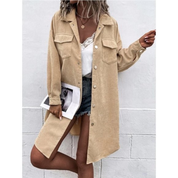 Corduroy Snap Button Flap Pocket Curved Hem Coat Khaki - Picture 4 of 6